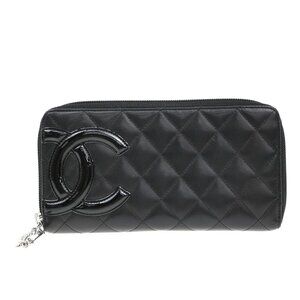 CHANEL CC Cambon Long Zipper Bifold Wallet Patent Leather Black
